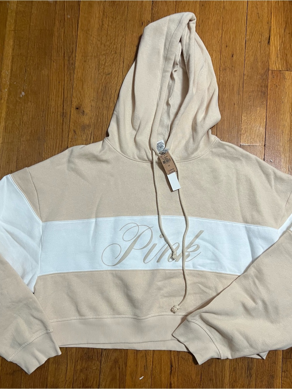 PINK Victoria's Secret Beige and White Cropped Hoodie
